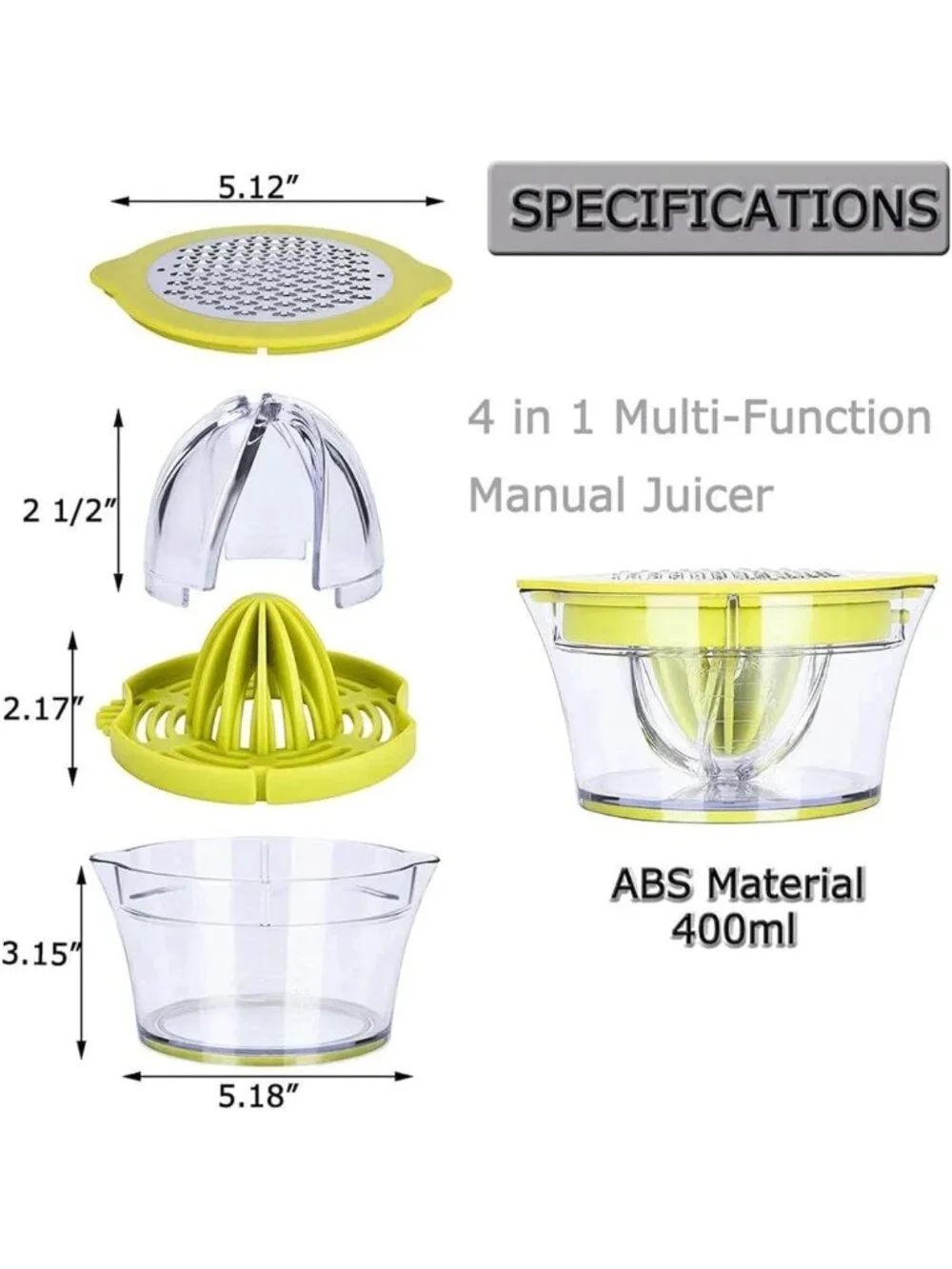 Citrus Juicer Manual Hand Squeezer with Measuring Cup & Grater, 12oz, Green